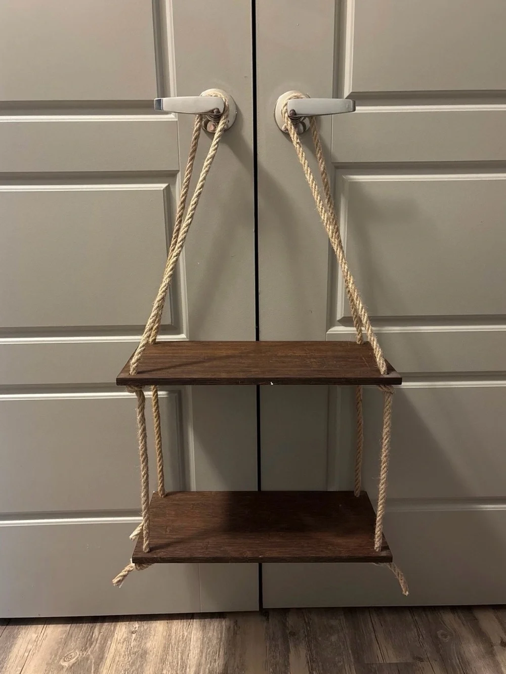 Handcrafted Two-Tier Hanging Wall Shelf - Brown & Natural Rope